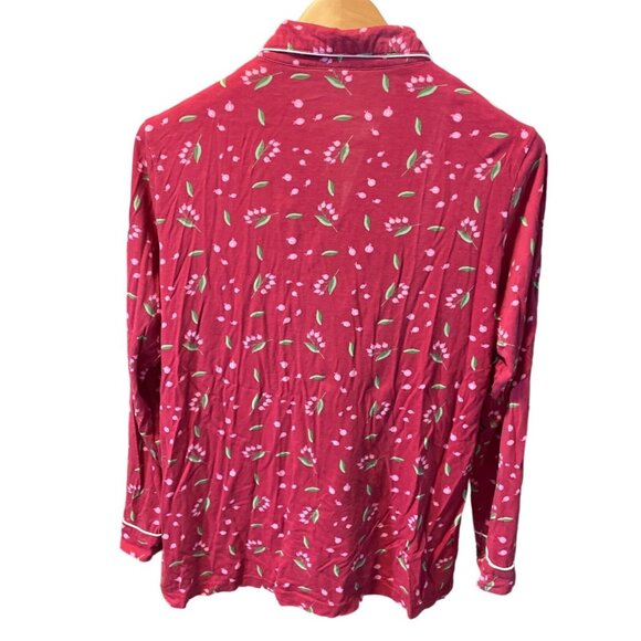 Red Button Front Long Sleeve Floral Patterned Pajama Top Sz M - Picture 2 of 6